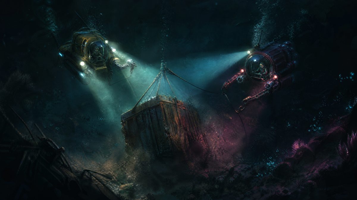 Two submersibles working together to lift a rusted container from a black seabed, their floodlights crossing through rising silt