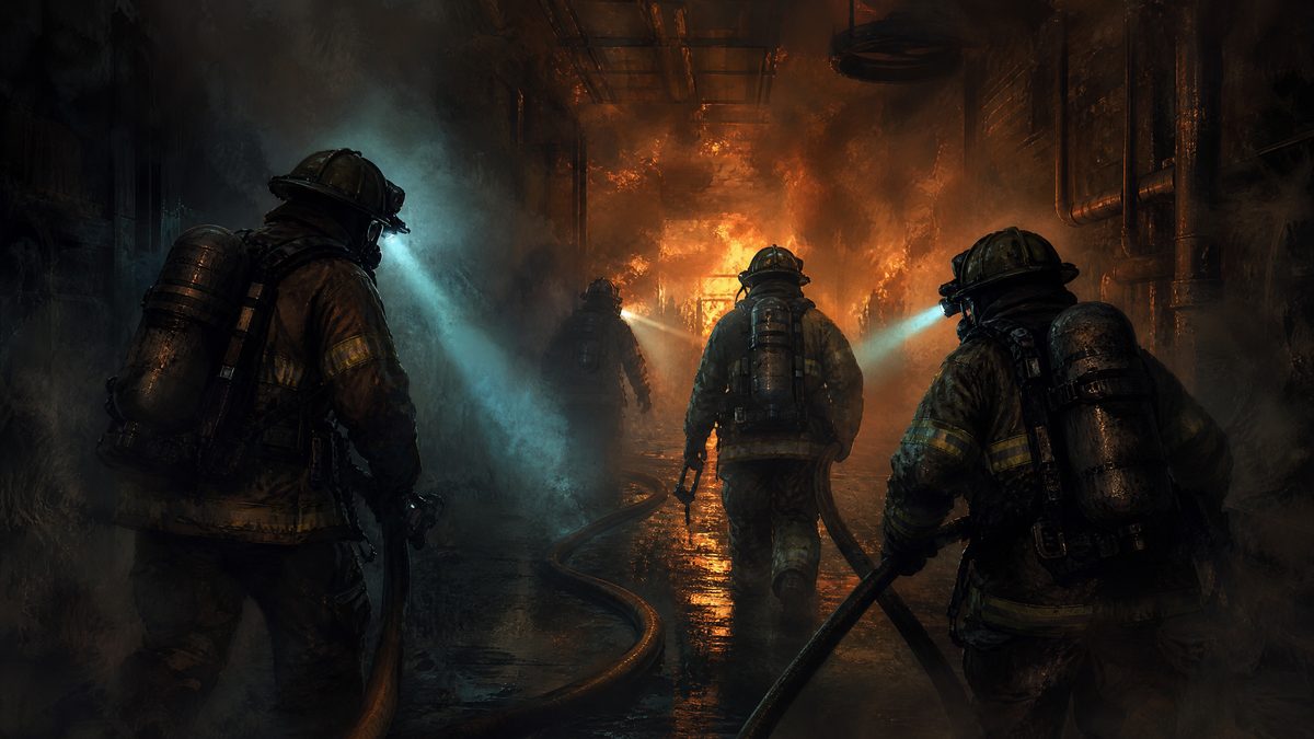 Four figures in heavy protective gear advancing through a smoke-filled industrial corridor with hose lines crossing behind them
