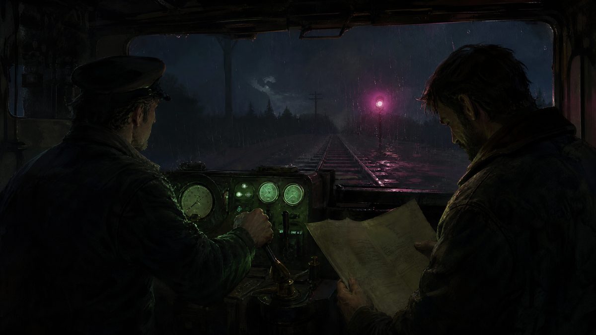 Two crew members in a dim locomotive cab at night, one at the controls and one reading a paper order