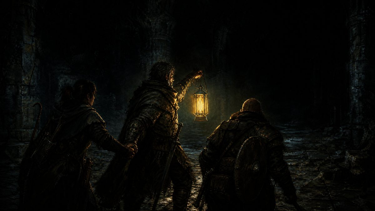 Three adventurers clustered tightly around a single hanging lantern in a vast black stone chamber, one reaching back toward a companion