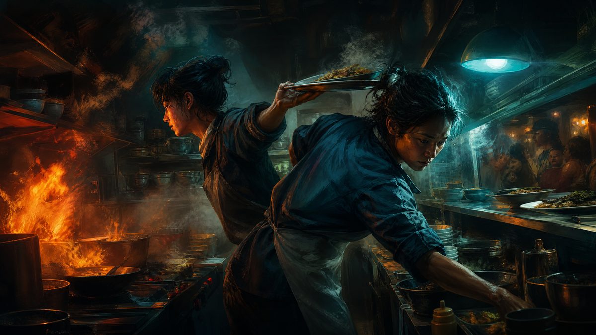 Two cooks working a narrow steam-filled galley at night, one passing a tray over the other's shoulder