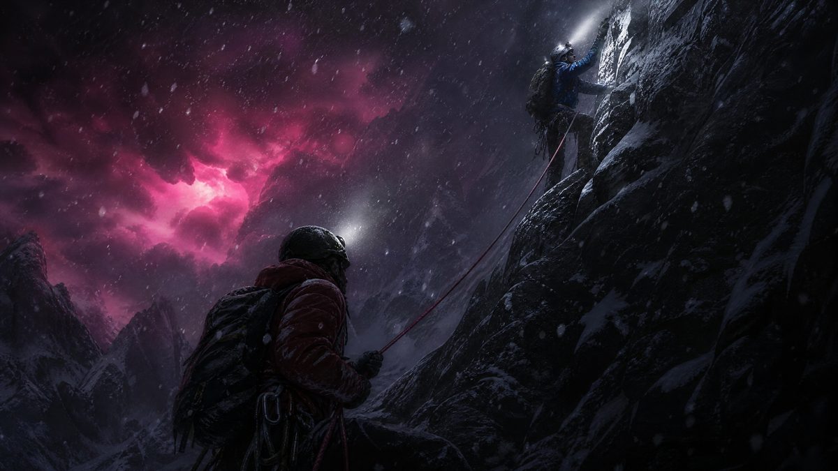 Two climbers roped together on a black rock face at night in falling snow